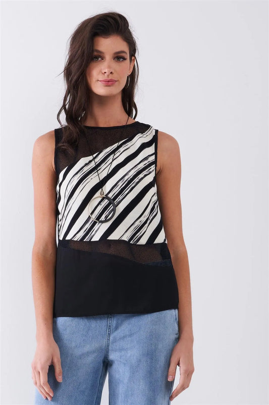 Black & Cream White Brushstroke Print Sleeveless Net Mesh Cut-Ins Back Slit Detail Top /1-2-2-1 - Tasha Apparel Wholesale