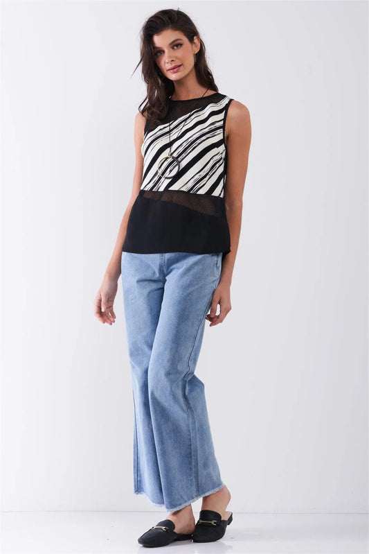 Black & Cream White Brushstroke Print Sleeveless Net Mesh Cut-Ins Back Slit Detail Top /2-1-2-1 - Tasha Apparel Wholesale