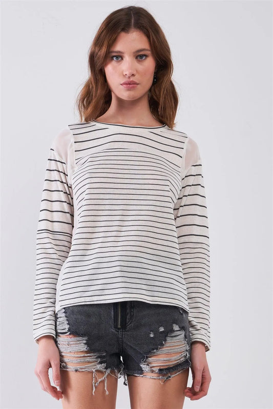 Ivory & Black Striped Long Sleeve Sheer Mesh Cut-Ins Detail Relaxed Top /1-2-2-1 - Tasha Apparel Wholesale