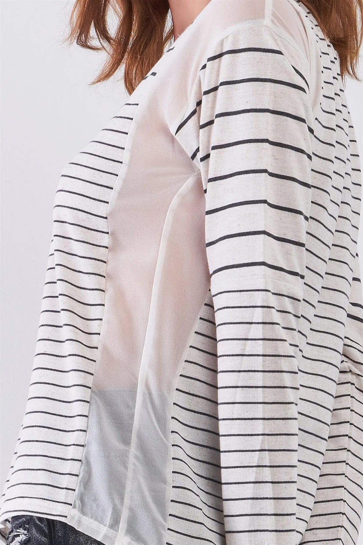 Ivory & Black Striped Long Sleeve Sheer Mesh Cut-Ins Detail Relaxed Top /1-2-2-1 - Tasha Apparel Wholesale