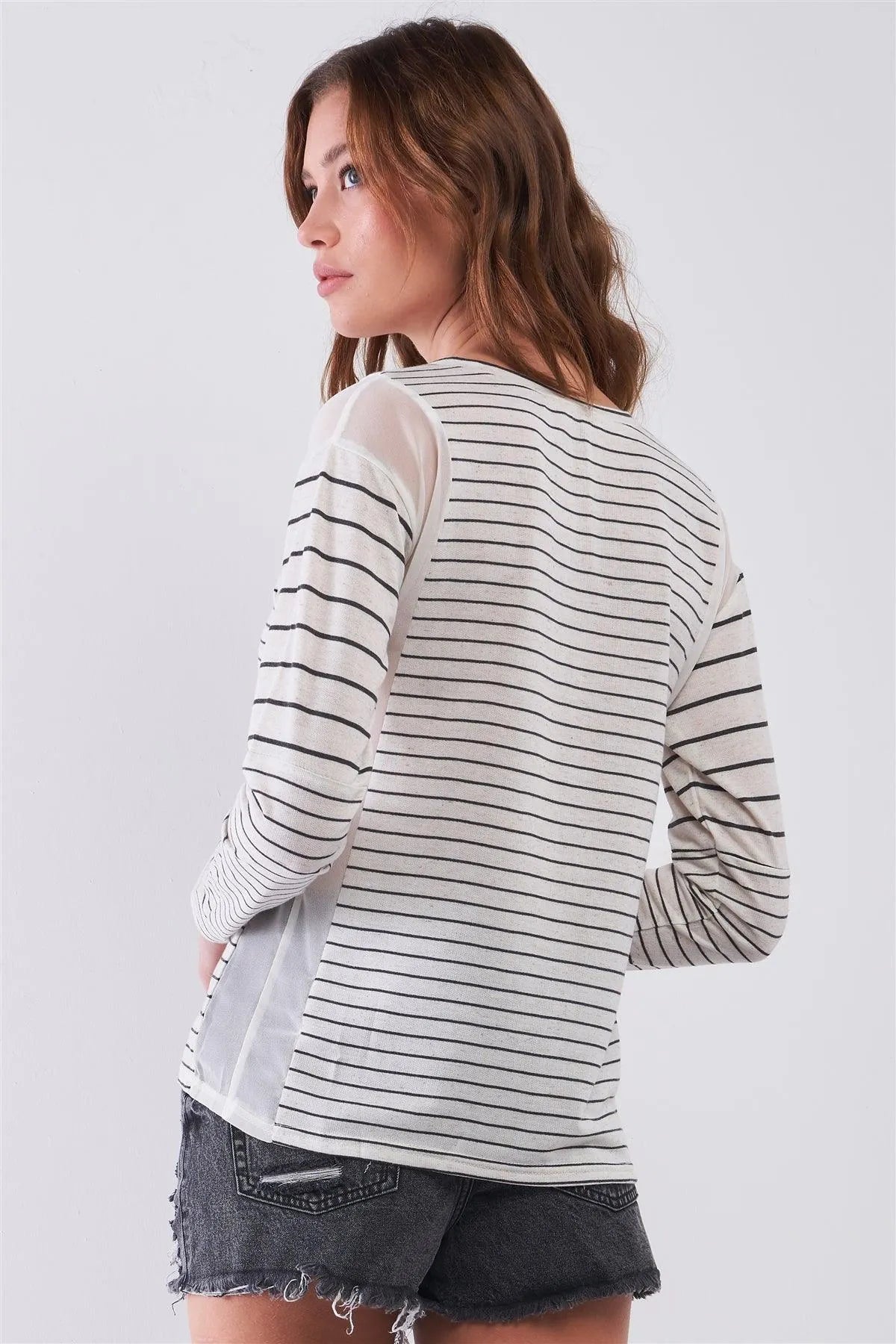 Ivory & Black Striped Long Sleeve Sheer Mesh Cut-Ins Detail Relaxed Top /1-2-2-1 - Tasha Apparel Wholesale