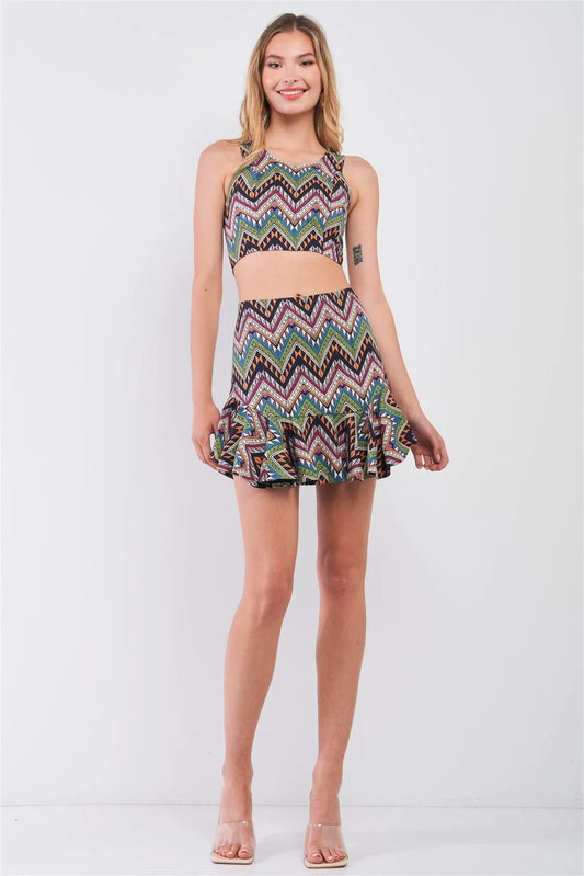 Multi Geometric Safari Print Sleeveless Round Neck Cropped Top & High-Waisted Ruffle Hem Mini Skirt Two Piece Set /1-1-1-1 - Tasha Apparel Wholesale