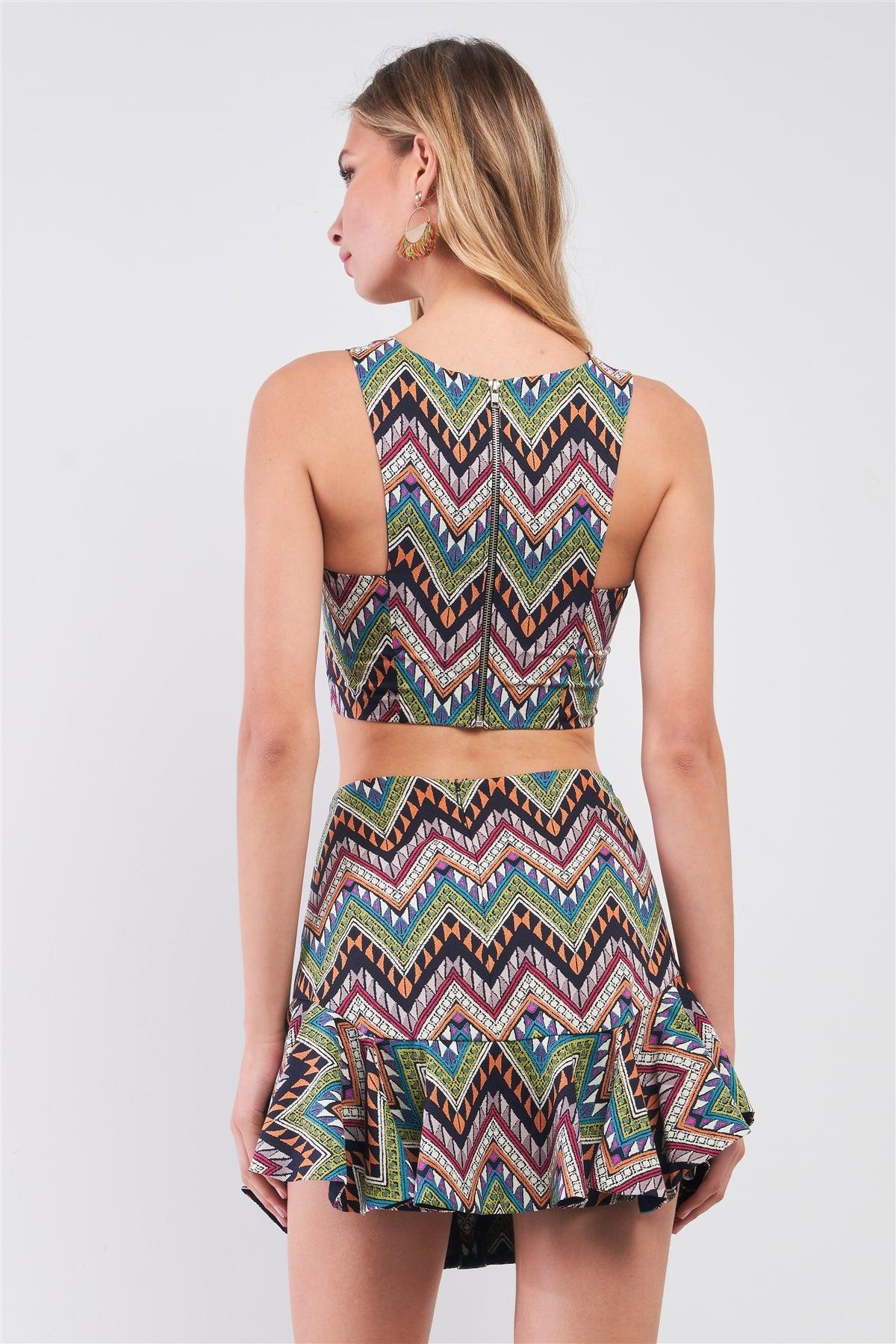 Multi Geometric Safari Print Sleeveless Round Neck Cropped Top & High-Waisted Ruffle  Hem Mini Skirt Two Piece Set /1-1-1-1