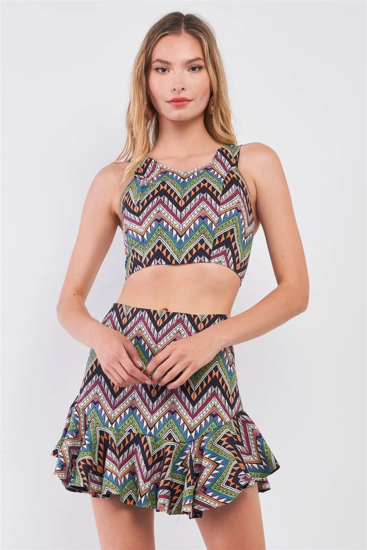 Multi Geometric Safari Print Sleeveless Round Neck Cropped Top & High-Waisted Ruffle Hem Mini Skirt Two Piece Set /1-1-2-1 - Tasha Apparel Wholesale