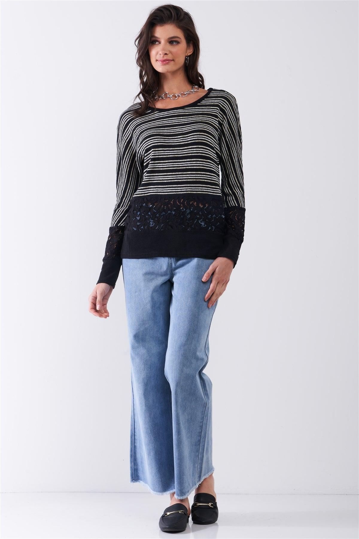 Black Striped Glitter Weave Crochet Trim Detail Long Sleeve Sweater Top /1-2-1