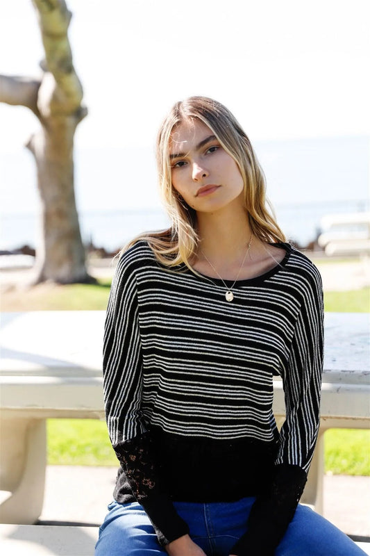 Black Striped Glitter Weave Crochet Trim Detail Long Sleeve Sweater Top /1-1-2-1 - Tasha Apparel Wholesale