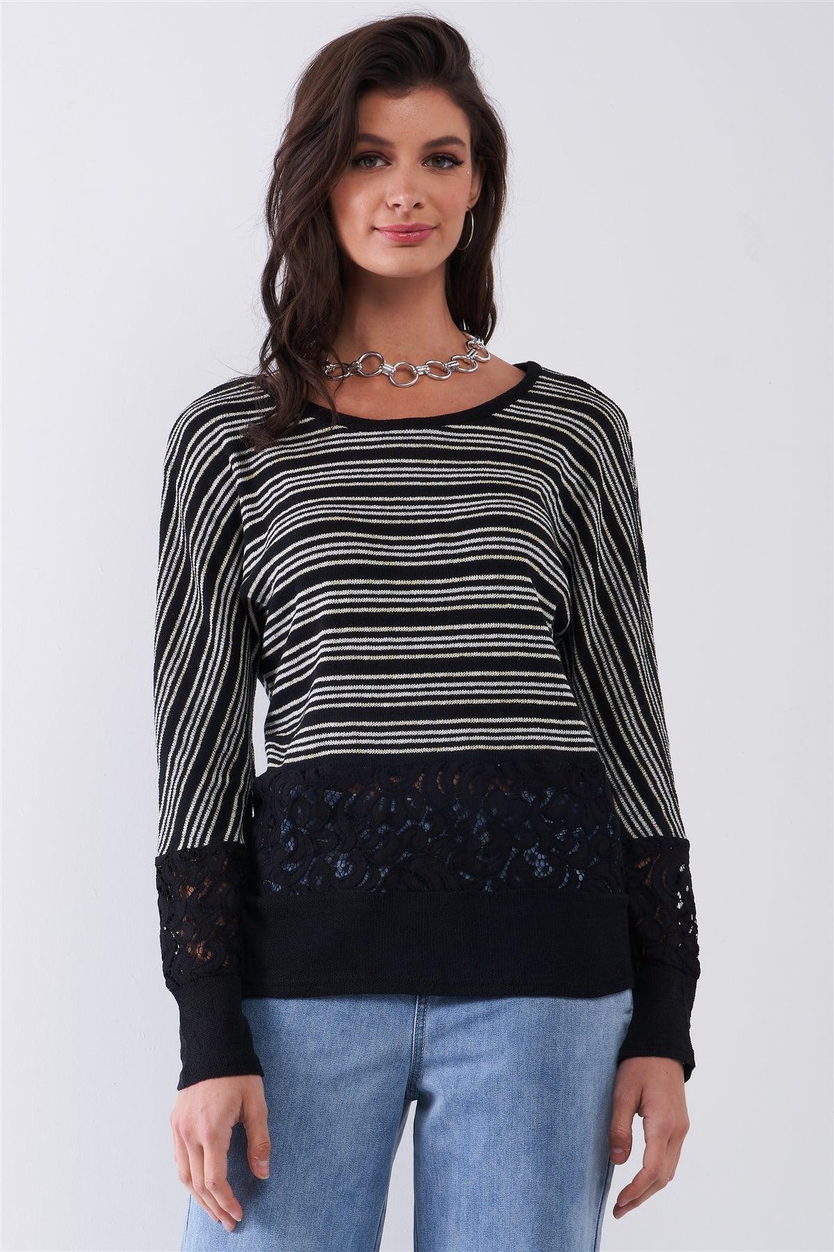 Black Striped Glitter Weave Crochet Trim Detail Long Sleeve Sweater Top /1-1-2-1