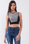 Black & White Sleeveless Knit Trim Round Neck Back Zip-Up Detail Crop Top /1-2-2-1 - Tasha Apparel Wholesale