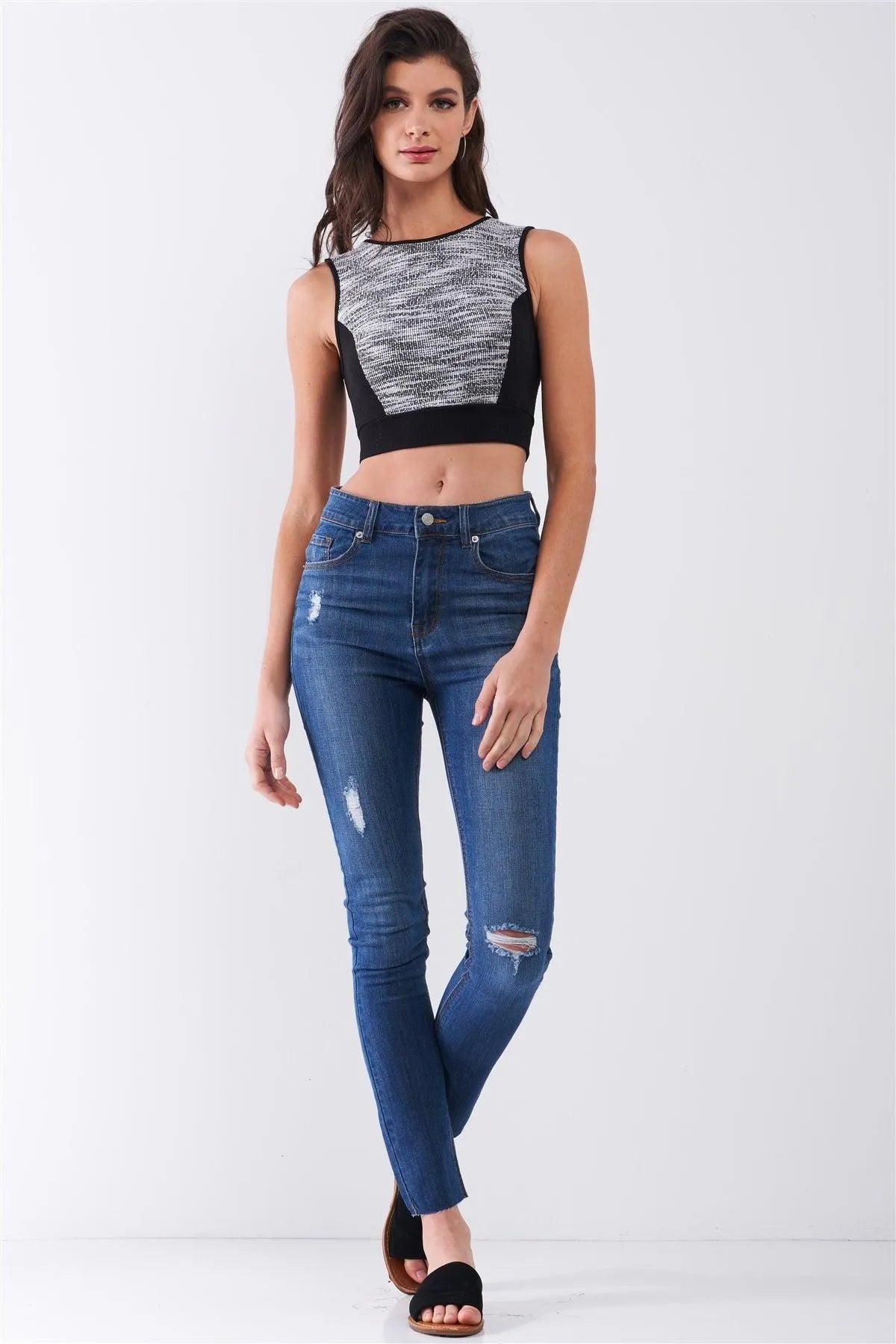 Black & White Sleeveless Knit Trim Round Neck Back Zip-Up Detail Crop Top /1-2-2-1 - Tasha Apparel Wholesale