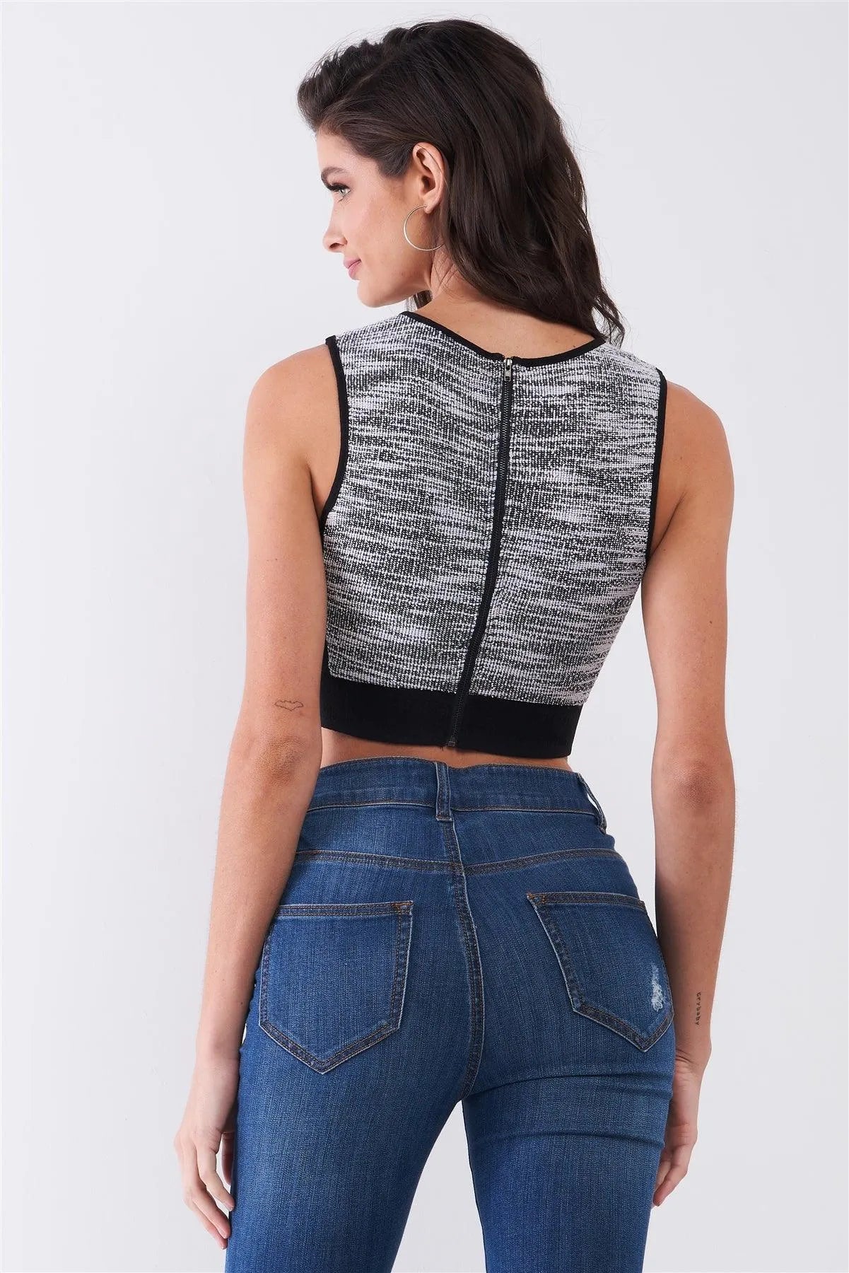 Black & White Sleeveless Knit Trim Round Neck Back Zip-Up Detail Crop Top /1-1-2-2 - Tasha Apparel Wholesale