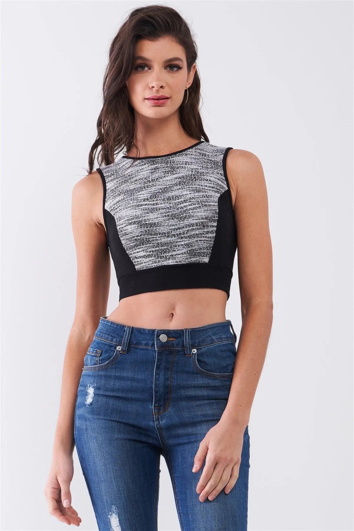 Black & White Sleeveless Knit Trim Round Neck Back Zip-Up Detail Crop Top /1-1-2-2 - Tasha Apparel Wholesale