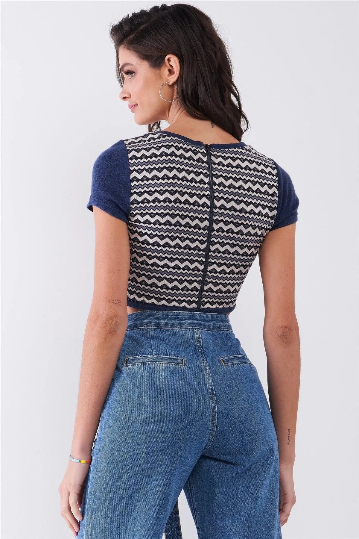 Navy & White Short Sleeve Geometrical Pattern Back Zip-Up Detail Crop Top /1-2-1 - Tasha Apparel Wholesale