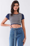 Navy & White Short Sleeve Geometrical Pattern Back Zip-Up Detail Crop Top /1-2-2-1 - Tasha Apparel Wholesale