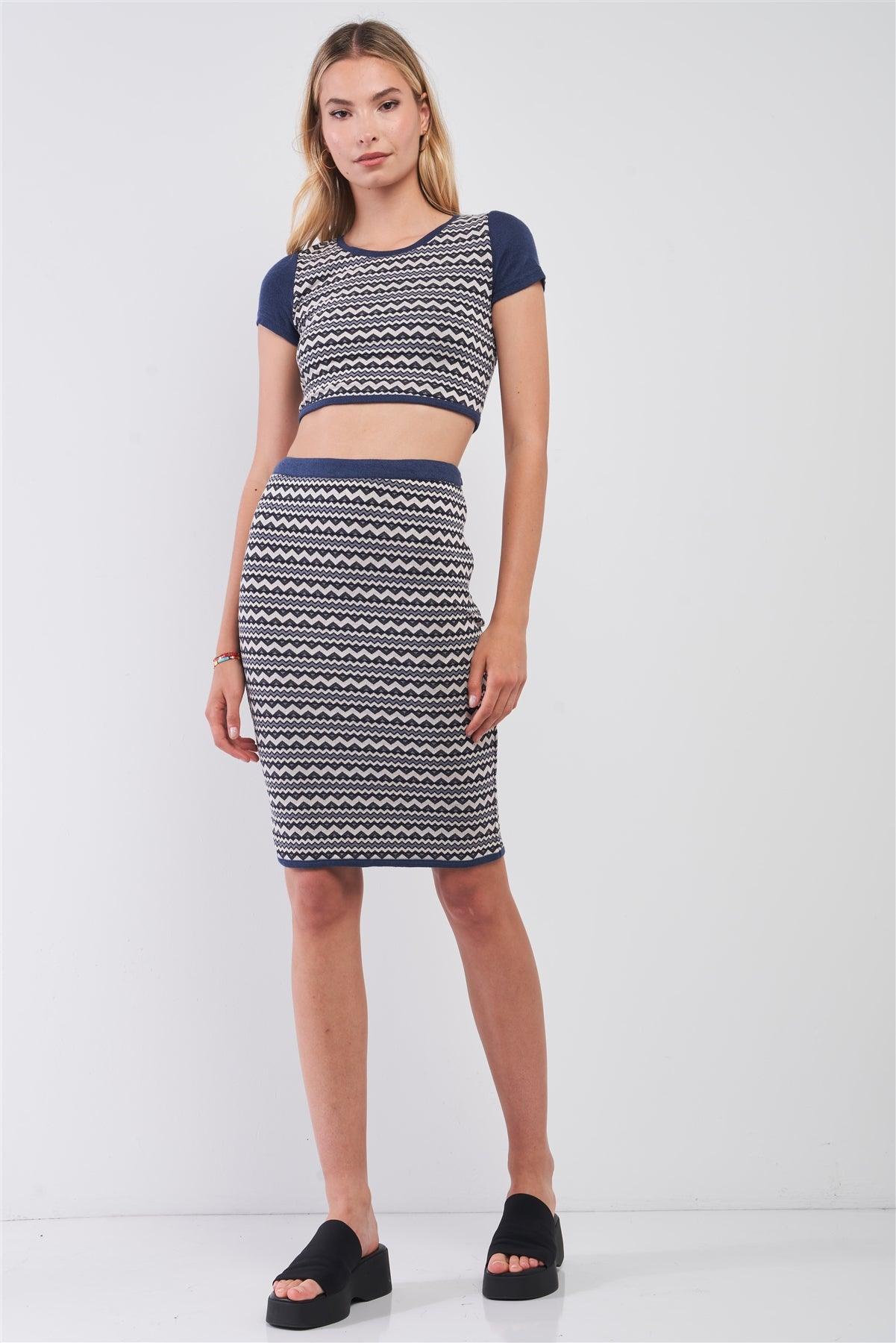 Navy & White Geometrical Pattern Short Sleeve Crop Top & High-Waisted Pencil Skirt Two Piece Set /1-2-2-1