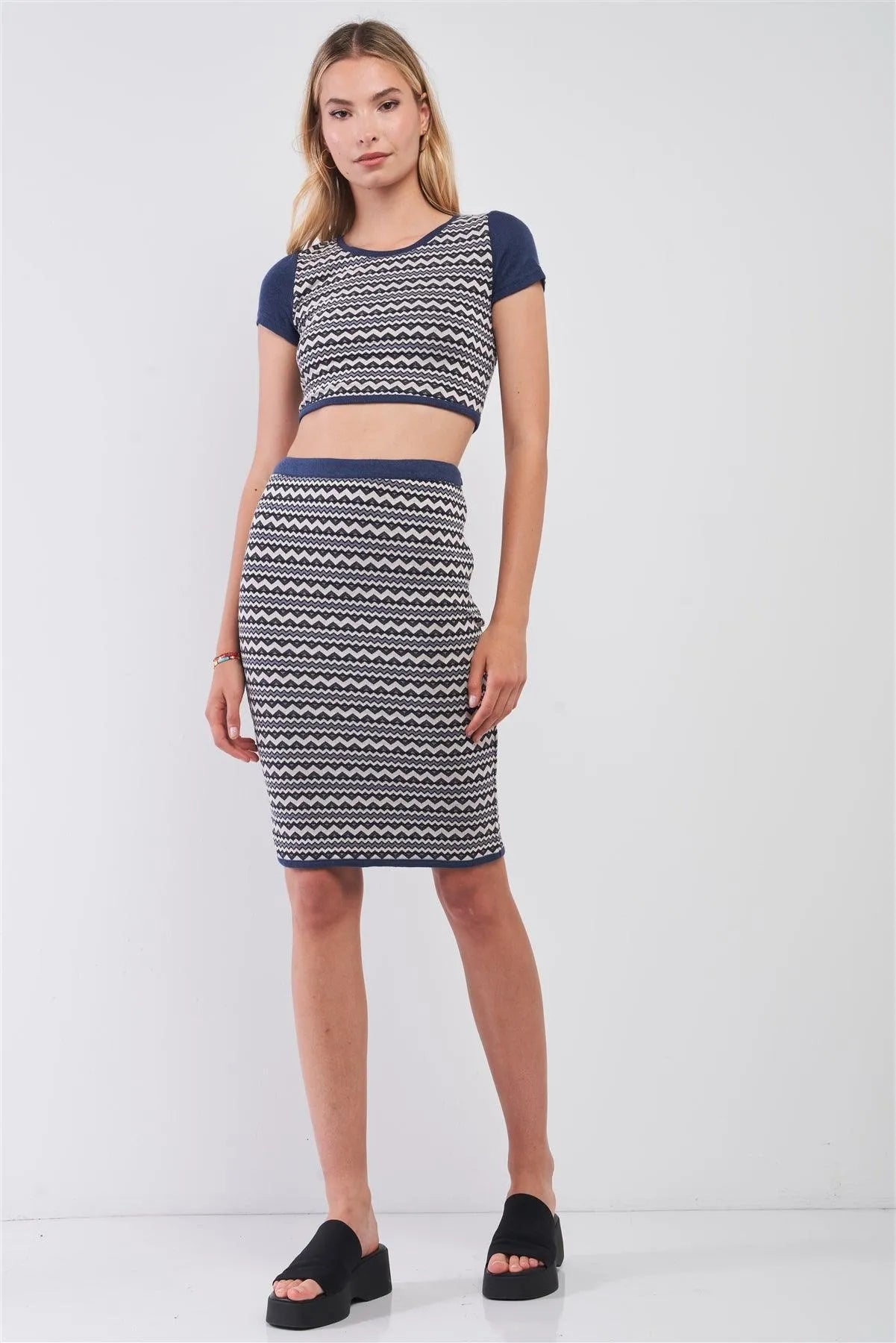 Navy & White Geometrical Pattern Short Sleeve Crop Top & High-Waisted Pencil Skirt Two Piece Set /1-2-2-1 - Tasha Apparel Wholesale