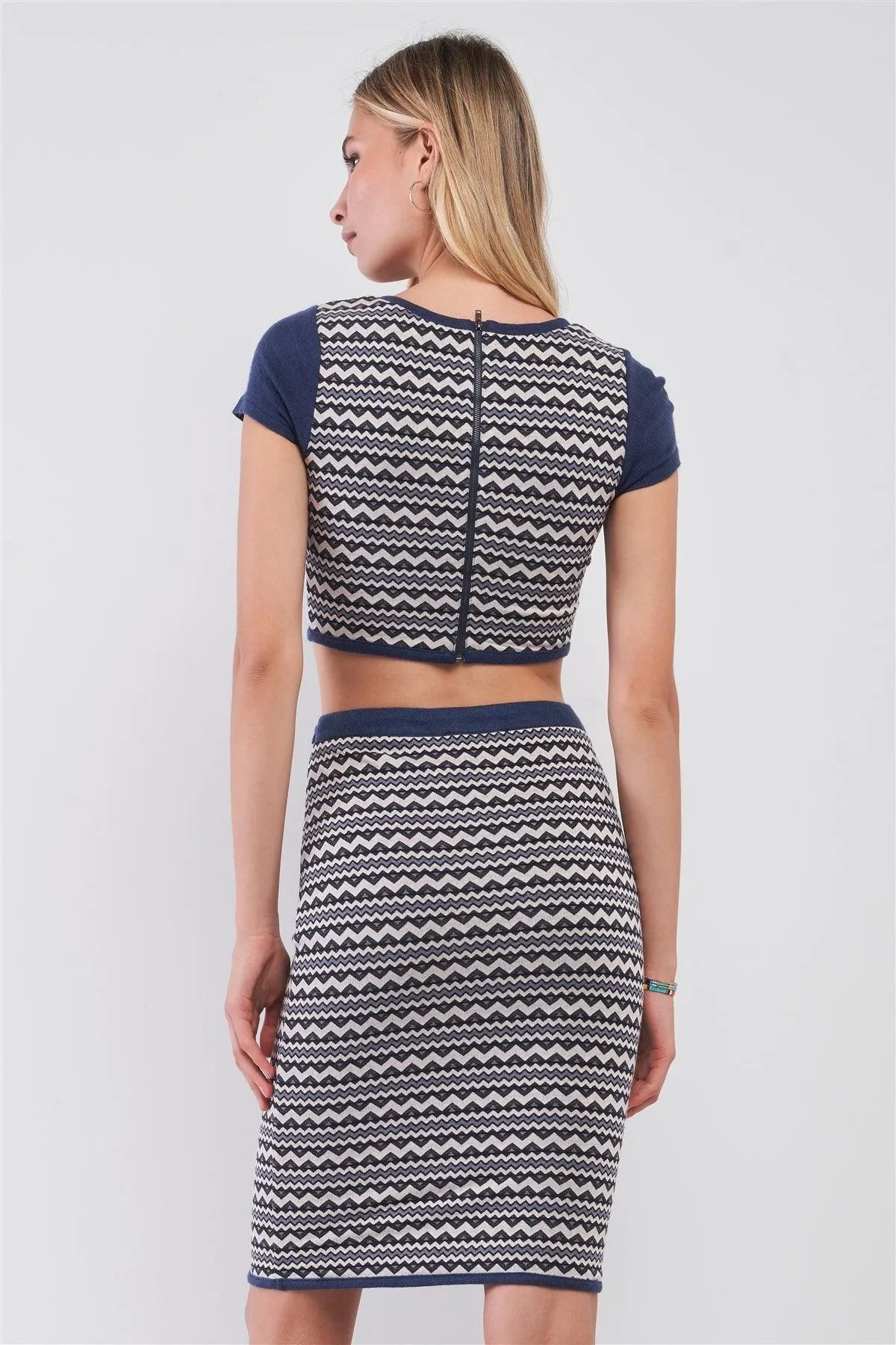Navy & White Geometrical Pattern Short Sleeve Crop Top & High-Waisted Pencil Skirt Two Piece Set /1-2-2-1 - Tasha Apparel Wholesale
