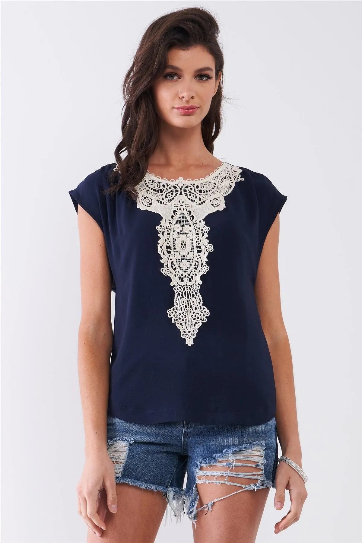 Navy Crochet Embroidery Front Trim Top /1-2-2-1 - Tasha Apparel Wholesale