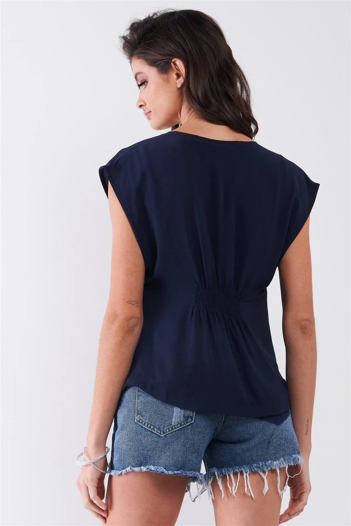 Navy Crochet Embroidery Front Trim Top /1-2-2-1 - Tasha Apparel Wholesale