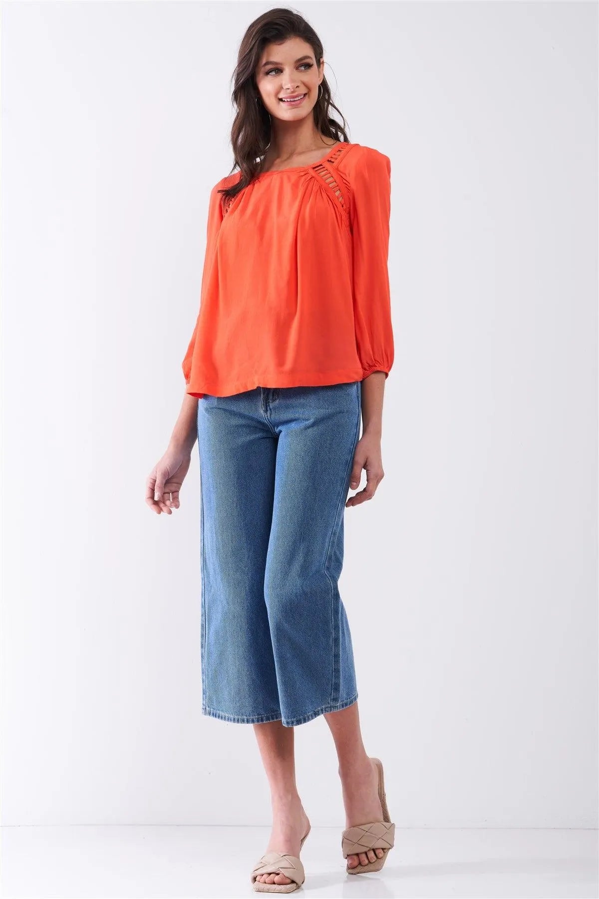 Bright Red Roman Backline Detail Balloon Sleeve Uneven Top /1-2-2 - Tasha Apparel Wholesale
