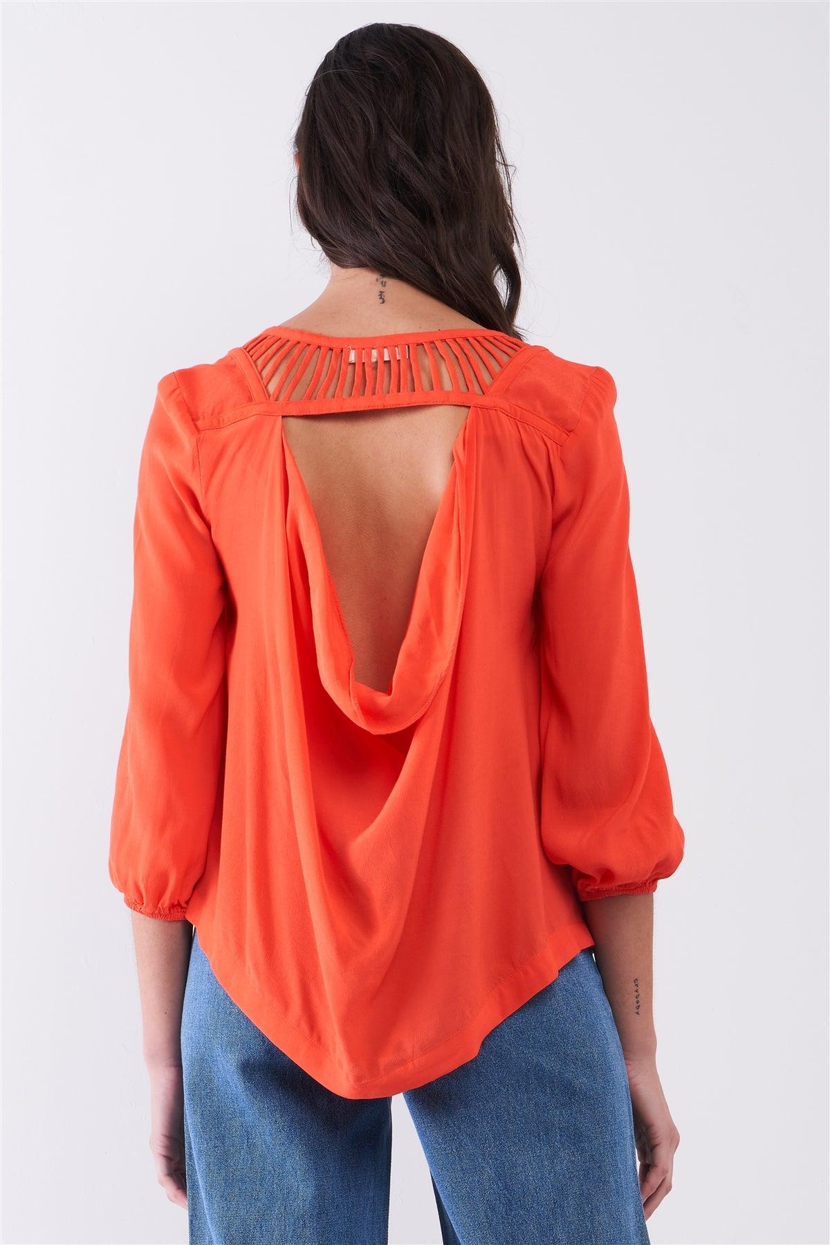 Bright Red Roman Backline Detail Balloon Sleeve Uneven Top /1-2-2