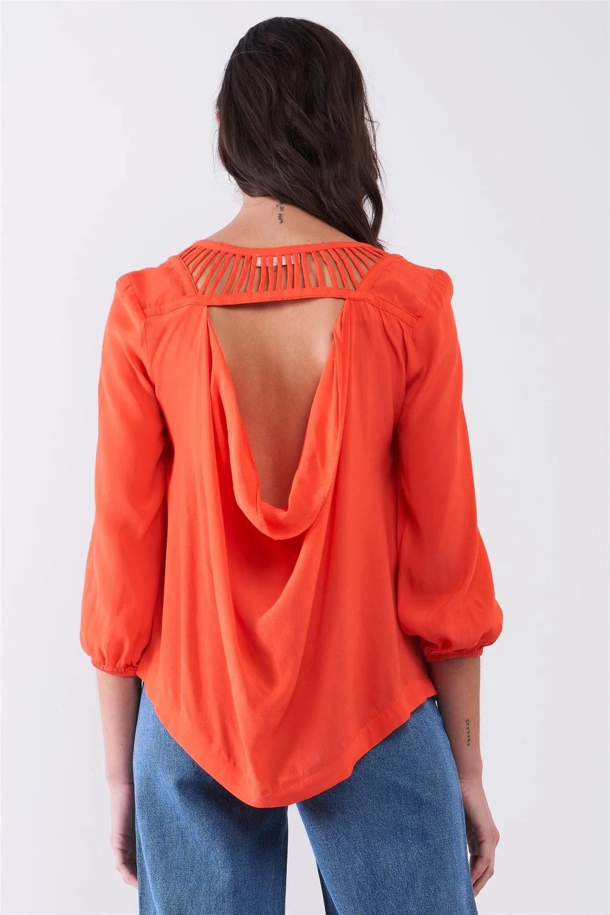 Bright Red Roman Backline Detail Balloon Sleeve Uneven Top /1-2-2 - Tasha Apparel Wholesale