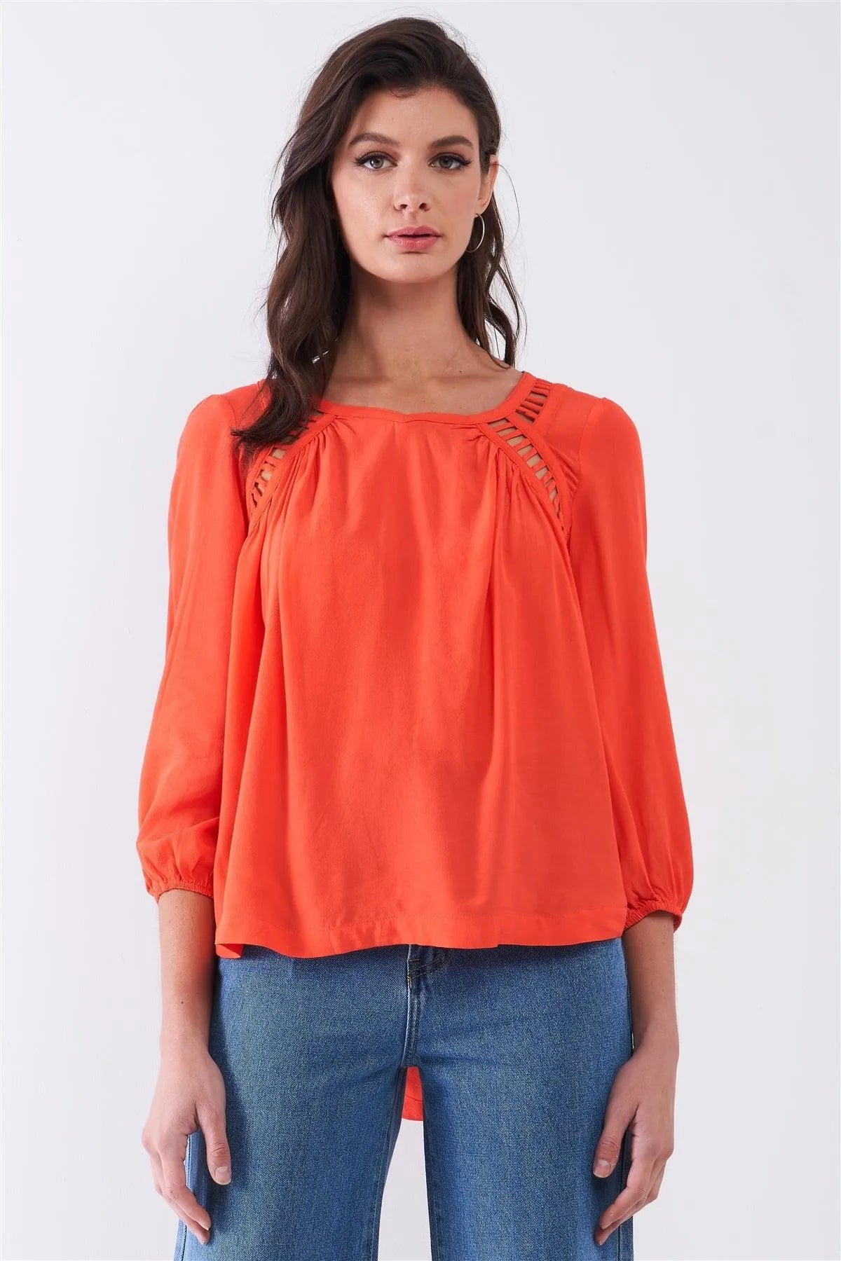 Bright Red Roman Backline Detail Balloon Sleeve Uneven Top /1-2-2 - Tasha Apparel Wholesale
