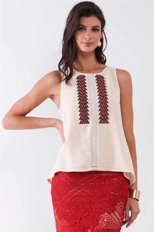 Orange Cream Sleeveless Geometric Ornament Trim Round Neck Top /1-1-2 - Tasha Apparel Wholesale