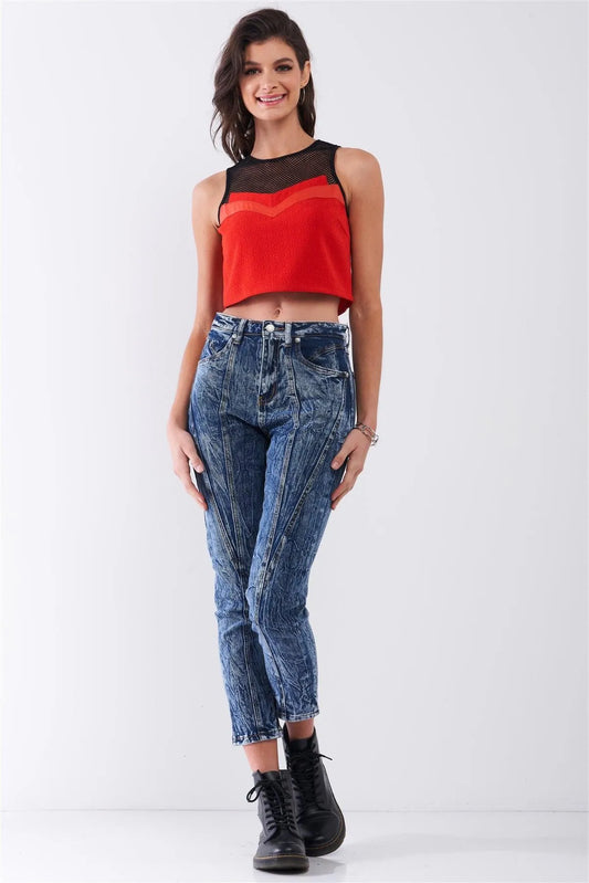 Red Sleeveless Tennis Net Round Neck Vegan Leather Trim Detail Crop Top /1-2-2 - Tasha Apparel Wholesale