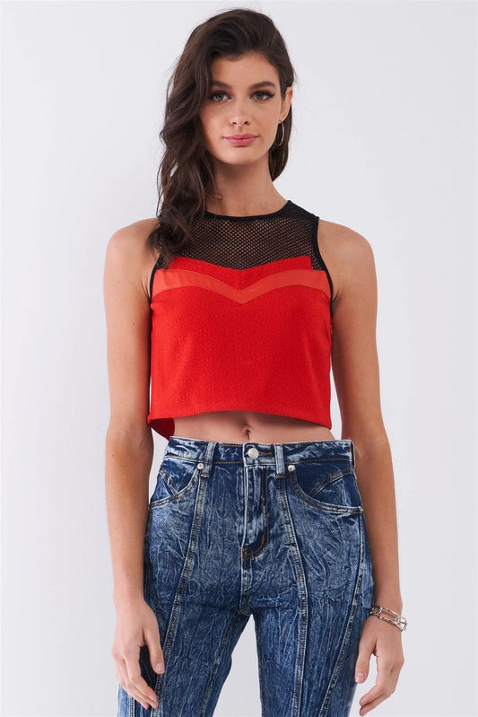 Red Sleeveless Tennis Net Round Neck Vegan Leather Trim Detail Crop Top /1-2-2-1 - Tasha Apparel Wholesale