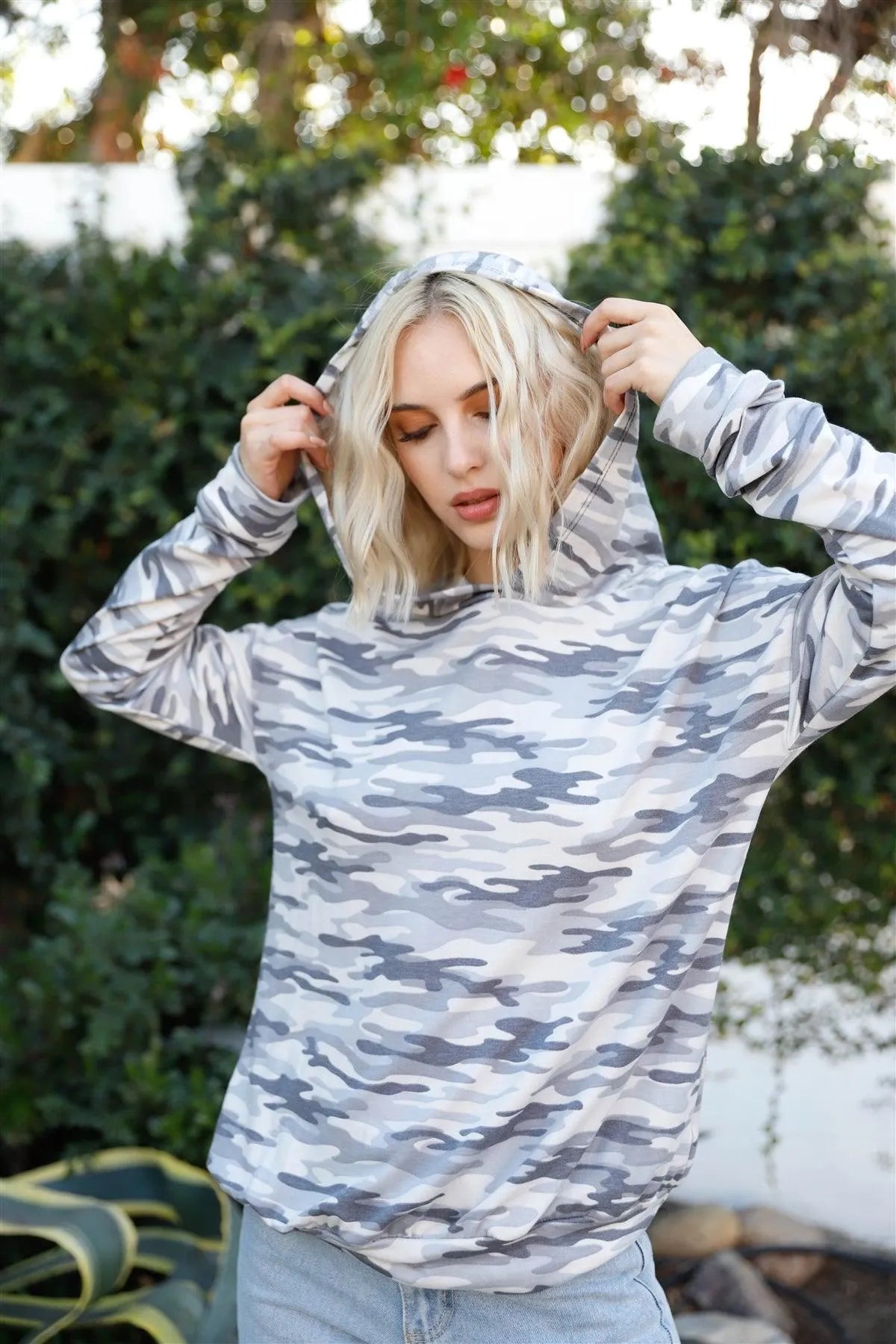 Camo Grey Long Sleeve Hooded Sweatshirt /2-2-2 - Tasha Apparel Wholesale
