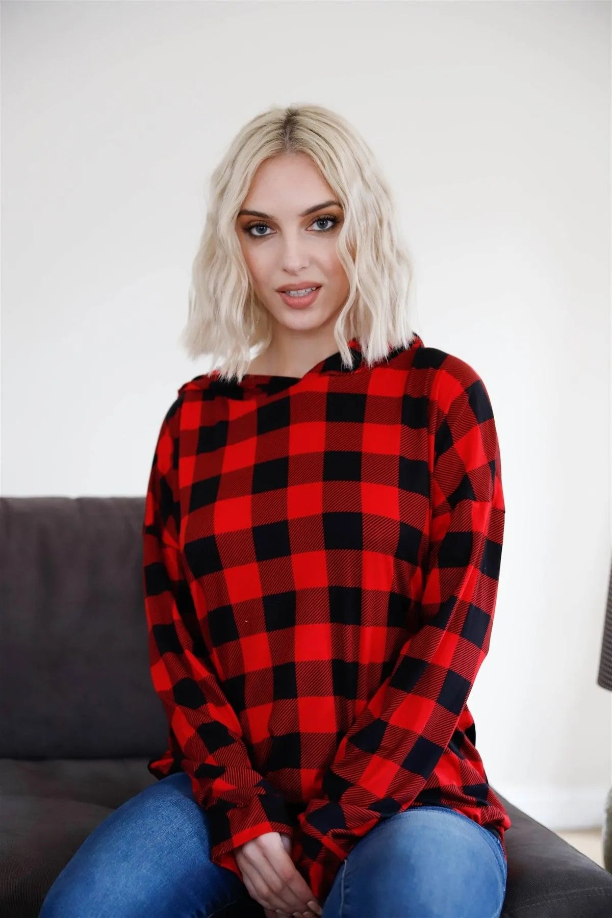 Red & Black Plaid Long Sleeve Hooded Sweater /2-2-2 - Tasha Apparel Wholesale