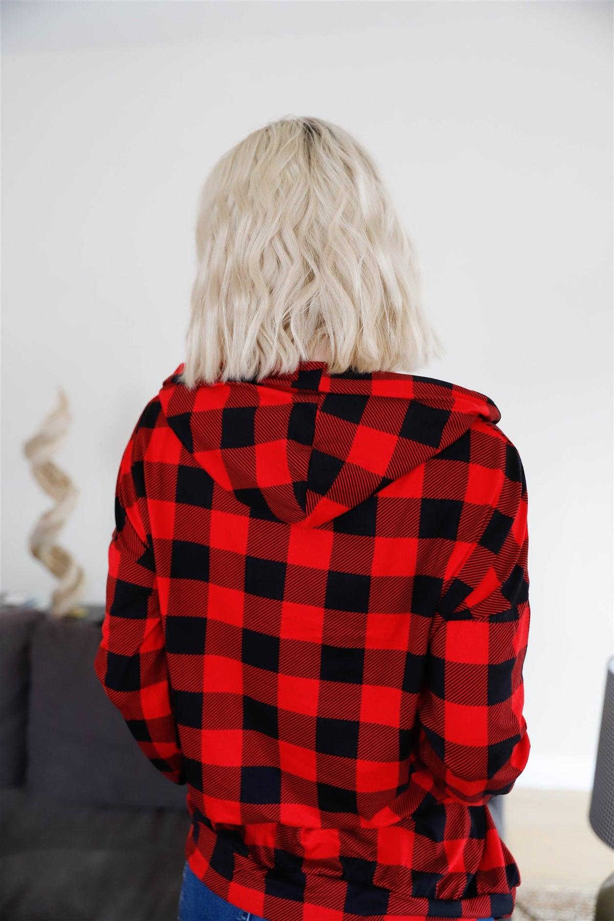 Red & Black Plaid Long Sleeve Hooded Sweater /2-2-2