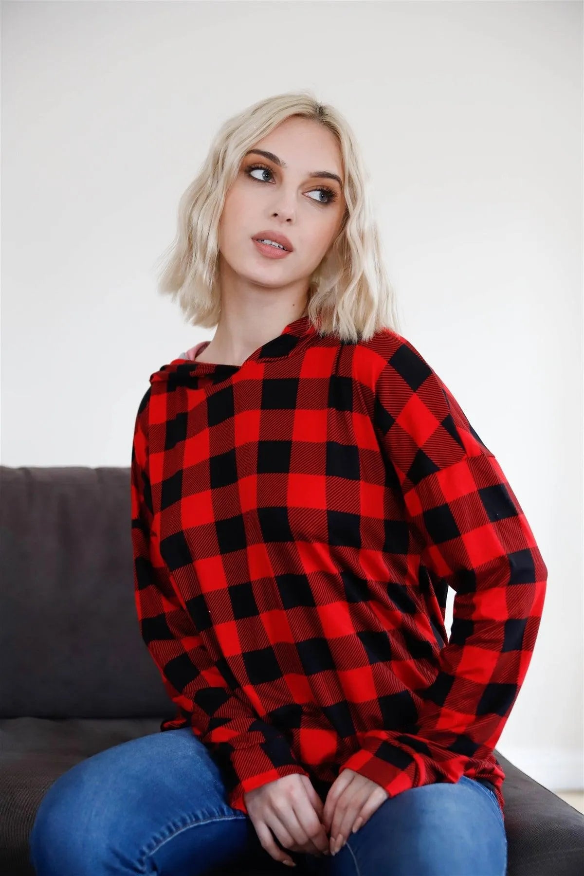 Red & Black Plaid Long Sleeve Hooded Sweater /2-4 - Tasha Apparel Wholesale