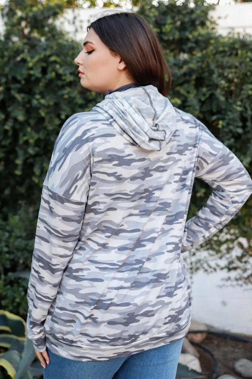 Plus Size Camo Grey Mask Neck Hooded Sweatshirt /2-2-2 - Tasha Apparel Wholesale