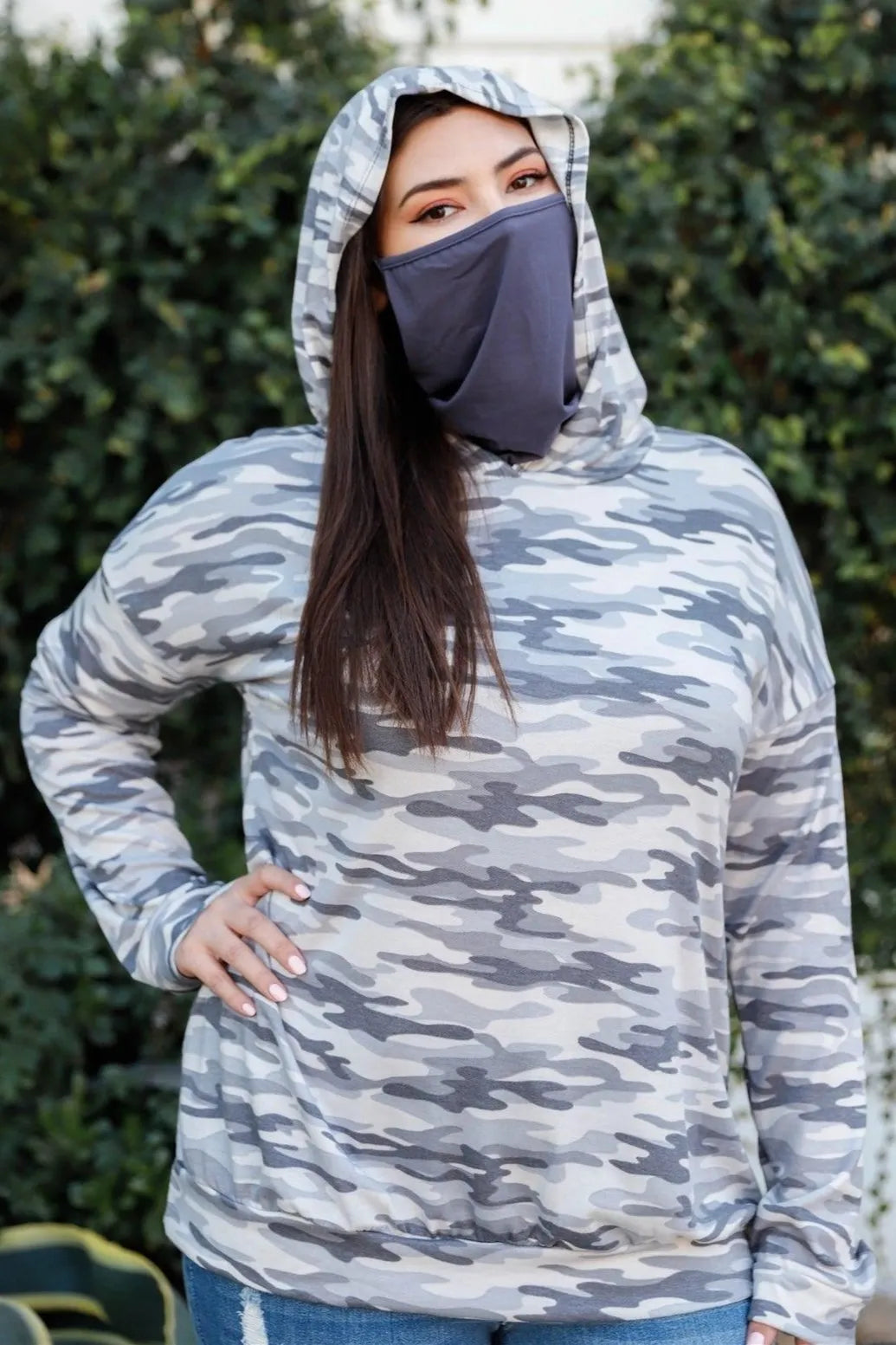 Plus Size Camo Grey Mask Neck Hooded Sweatshirt /2-2-2 - Tasha Apparel Wholesale