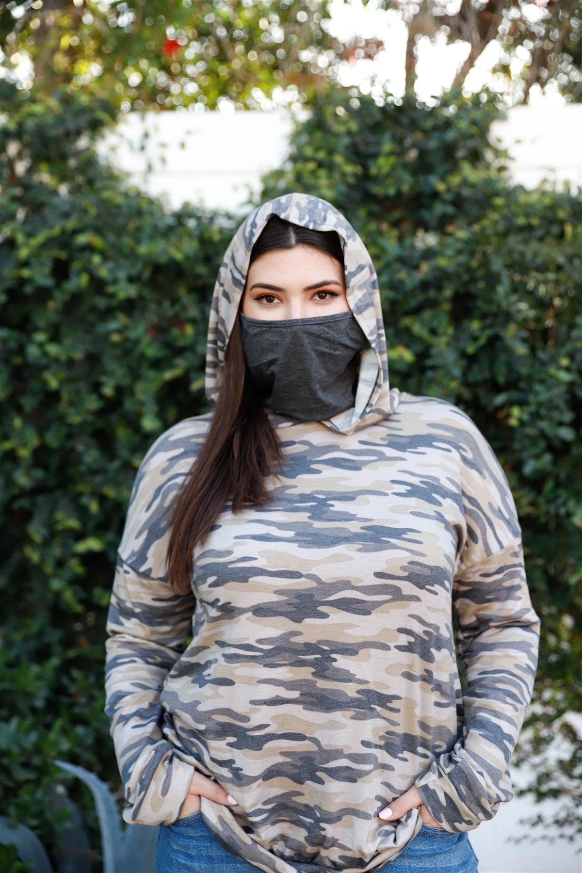 Junior Plus Camo Moss Mask Neck Detail Hooded Sweater /2-2-2