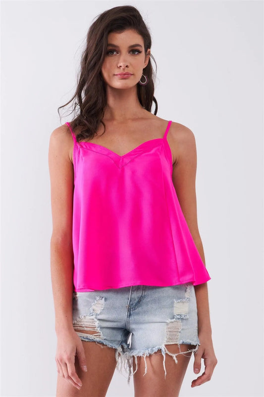 Hot Pink Sleeveless V-Neck Lace-Up Back Detail Babydoll Top /1-2-2-1 - Tasha Apparel Wholesale