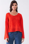 Crimson Red Combined Embroidered Trim Long Sleeve Round Neck Top /1-2-2-1 - Tasha Apparel Wholesale