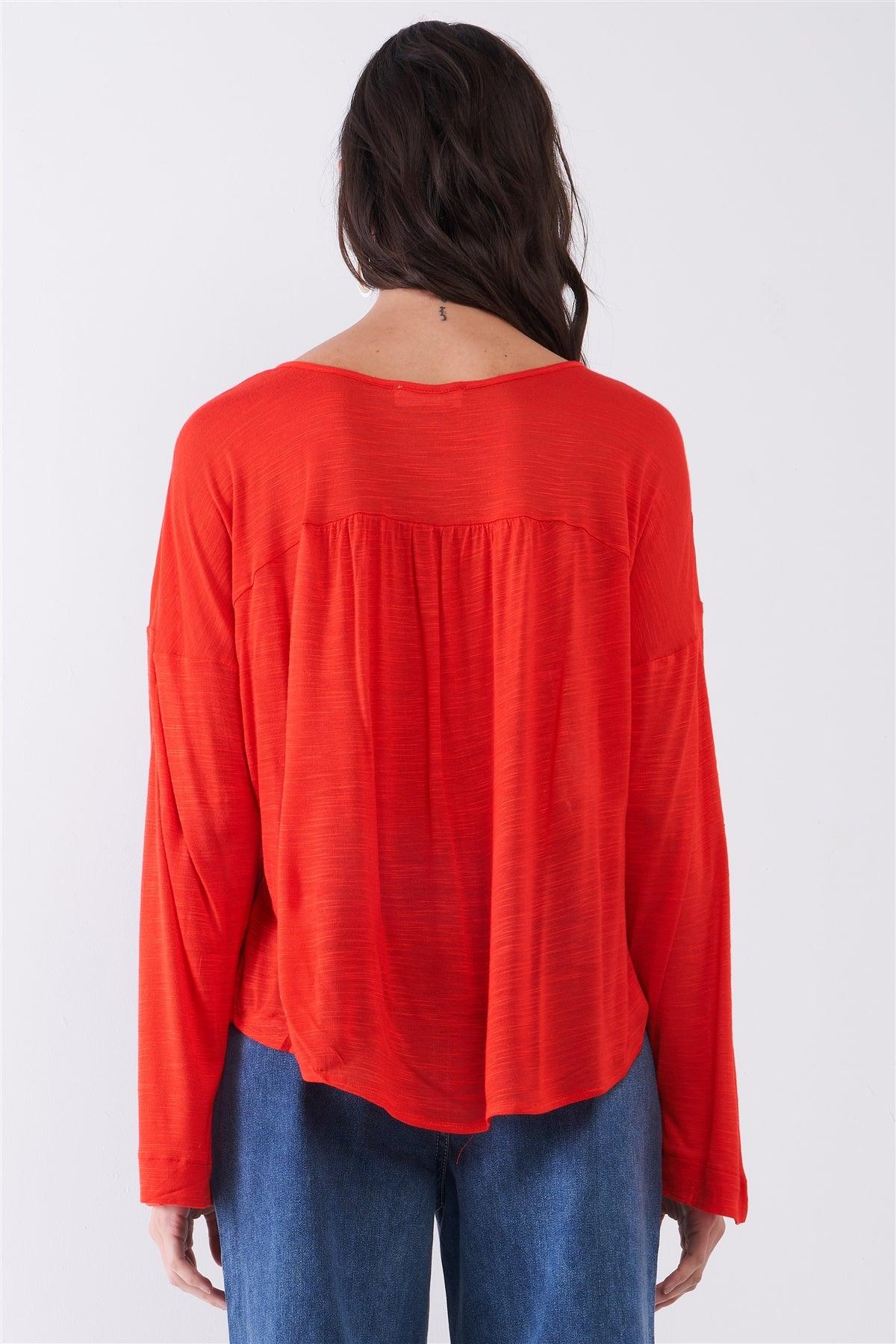 Crimson Red Combined Embroidered Trim Long Sleeve Round Neck Top /1-2-2-1