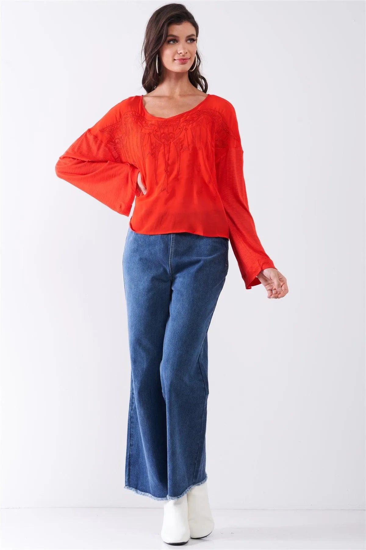 Crimson Red Combined Embroidered Trim Long Sleeve Round Neck Top /2-2-2 - Tasha Apparel Wholesale