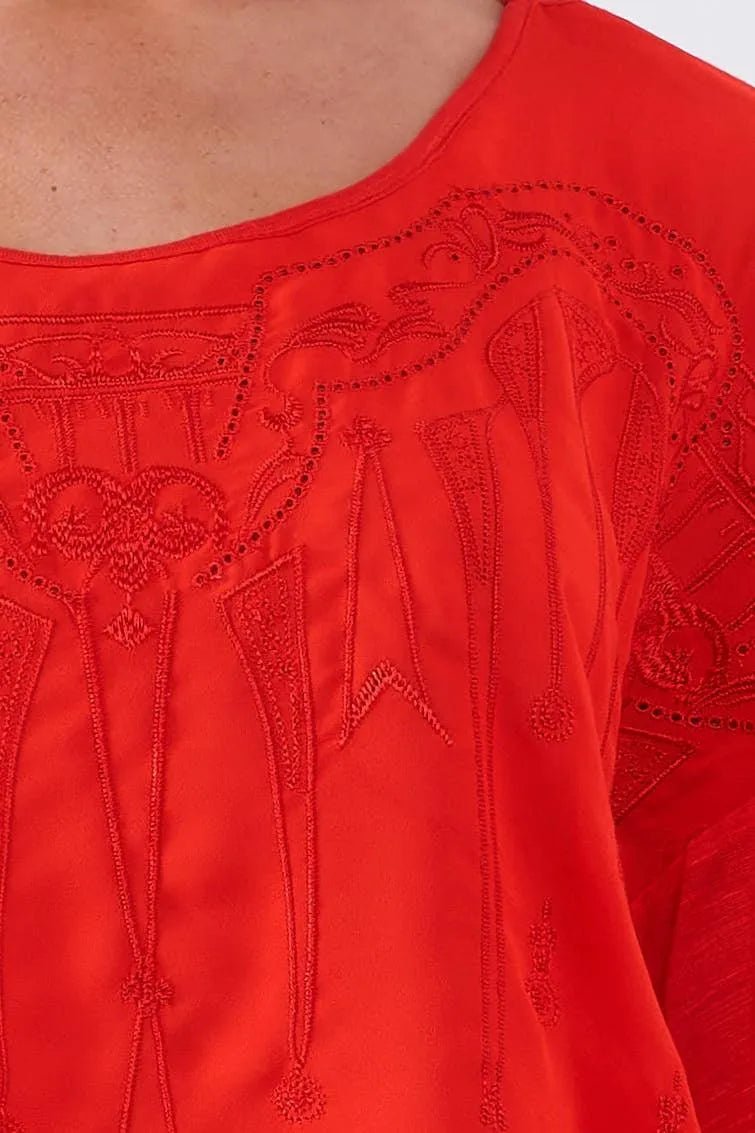 Crimson Red Combined Embroidered Trim Long Sleeve Round Neck Top /2-2-2 - Tasha Apparel Wholesale