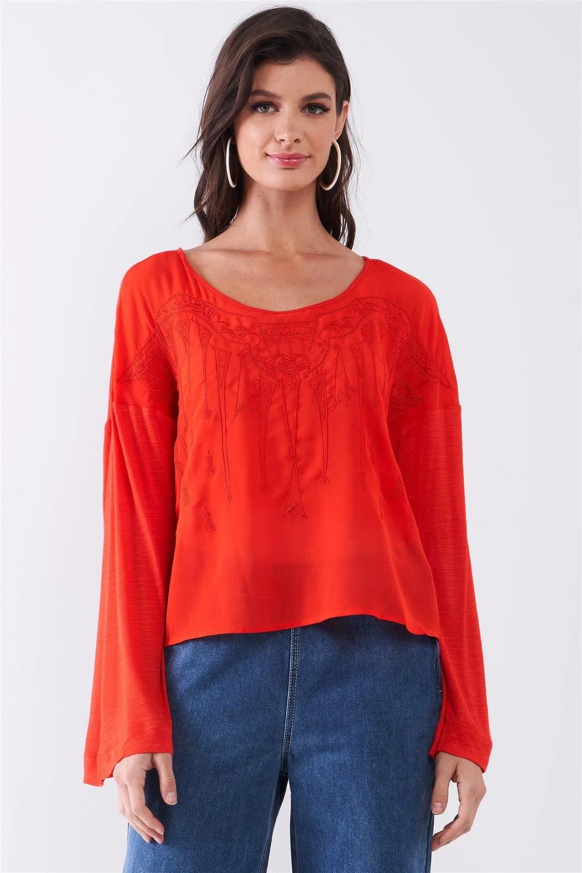 Crimson Red Combined Embroidered Trim Long Sleeve Round Neck Top /2-2-2 - Tasha Apparel Wholesale