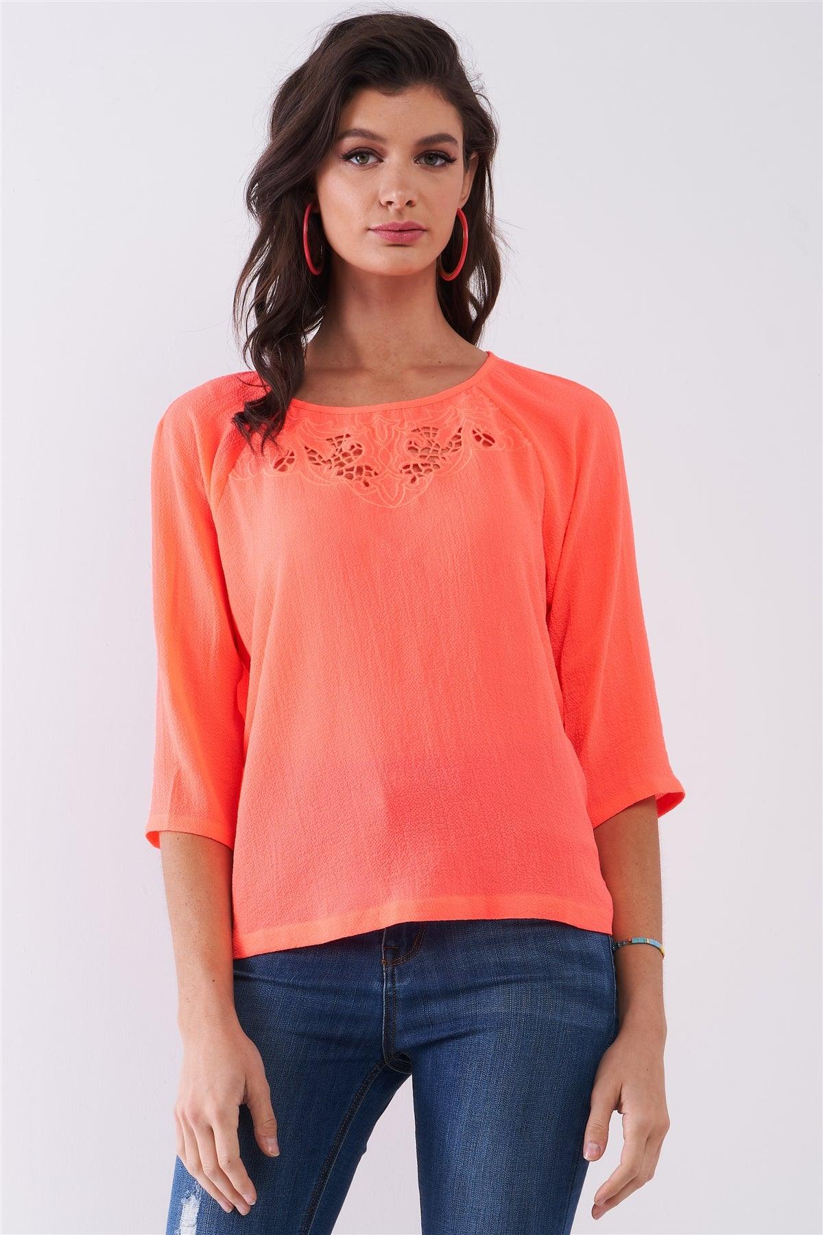 Neon-Coral Front Crochet Embroidery Round Neck 3/4 Sleeve Relaxed Fit Top /1-1-2-1