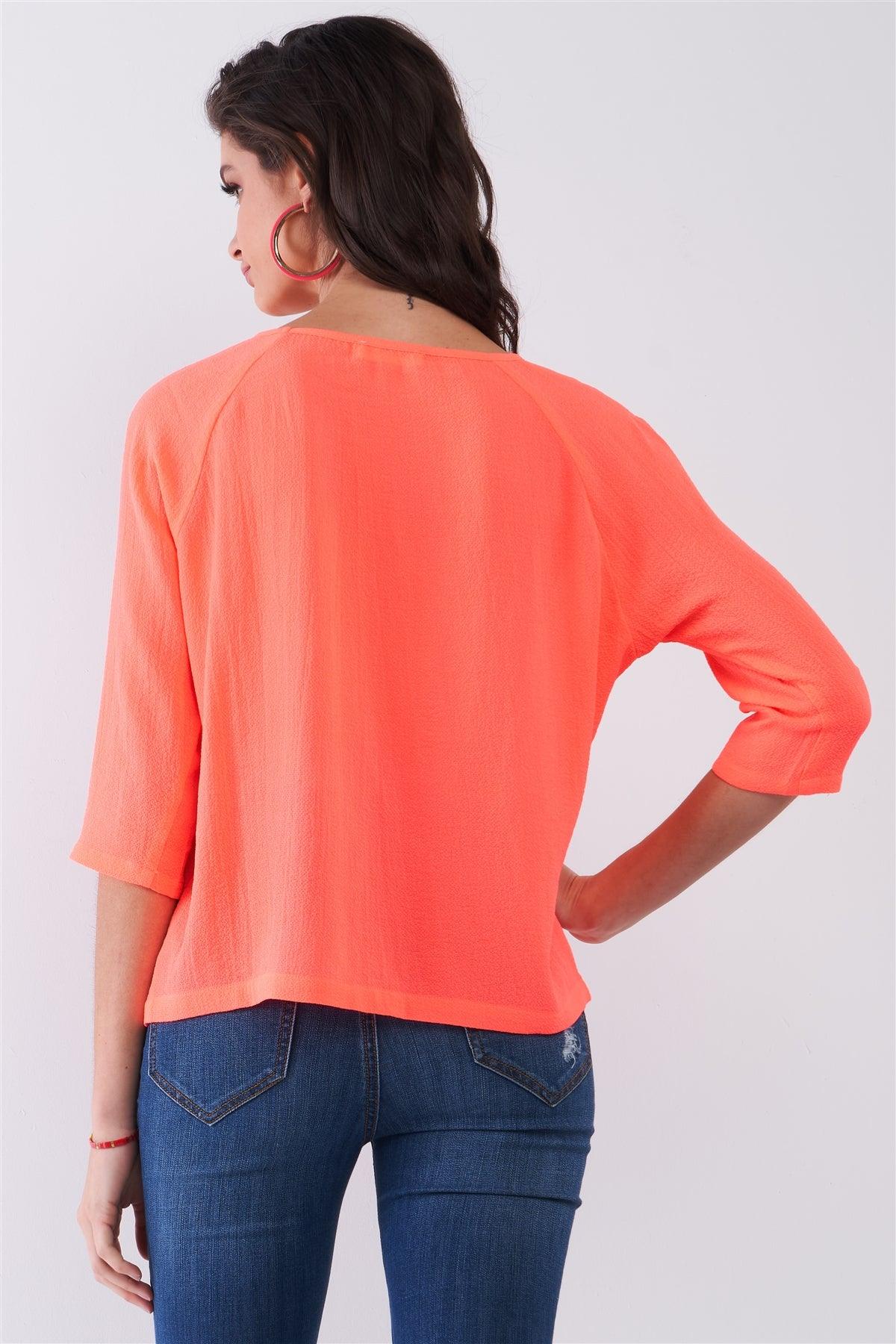 Neon-Coral Front Crochet Embroidery Round Neck 3/4 Sleeve Relaxed Fit Top /1-1-2-1