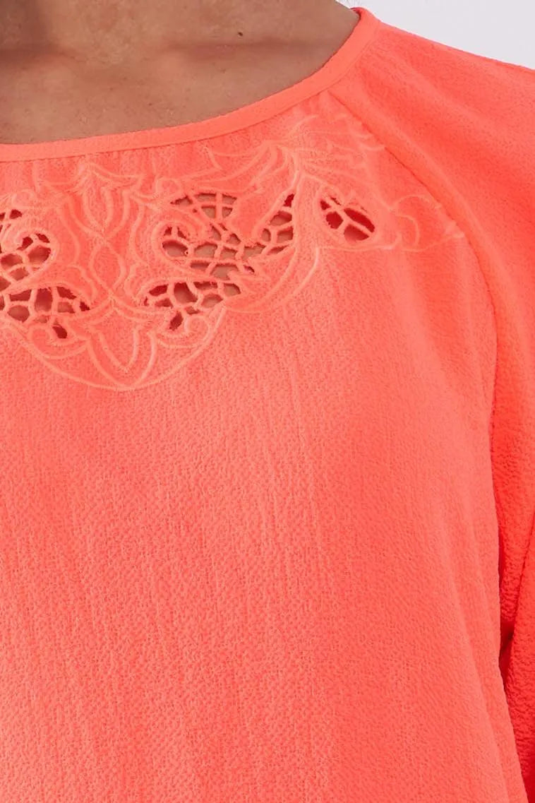Neon-Coral Front Crochet Embroidery Round Neck 3/4 Sleeve Relaxed Fit Top /1-2-2-1 - Tasha Apparel Wholesale
