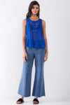 Cobalt Blue Sleeveless Embroidered Cut-Out Front Trim Round Neck Side Slit Detail Top /1-1-2-1 - Tasha Apparel Wholesale