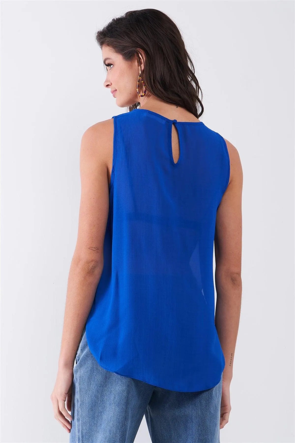 Cobalt Blue Sleeveless Embroidered Cut-Out Front Trim Round Neck Side Slit Detail Top /1-1-2-1 - Tasha Apparel Wholesale