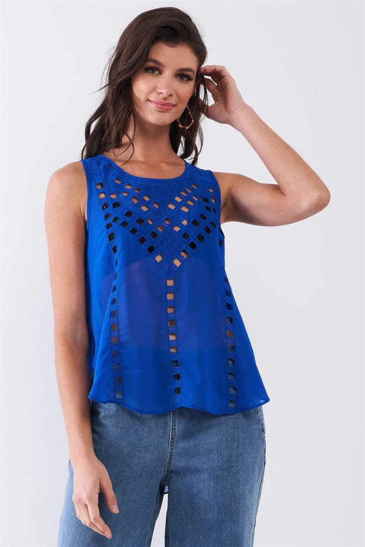 Cobalt Blue Sleeveless Embroidered Cut-Out Front Trim Round Neck Side Slit Detail Top /3-2-1 - Tasha Apparel Wholesale