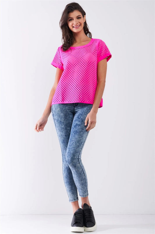 Hot Pink Short Sleeve Crew Neck Sheer Laser Cut Loose Fit Top /1-2-2-1 - Tasha Apparel Wholesale