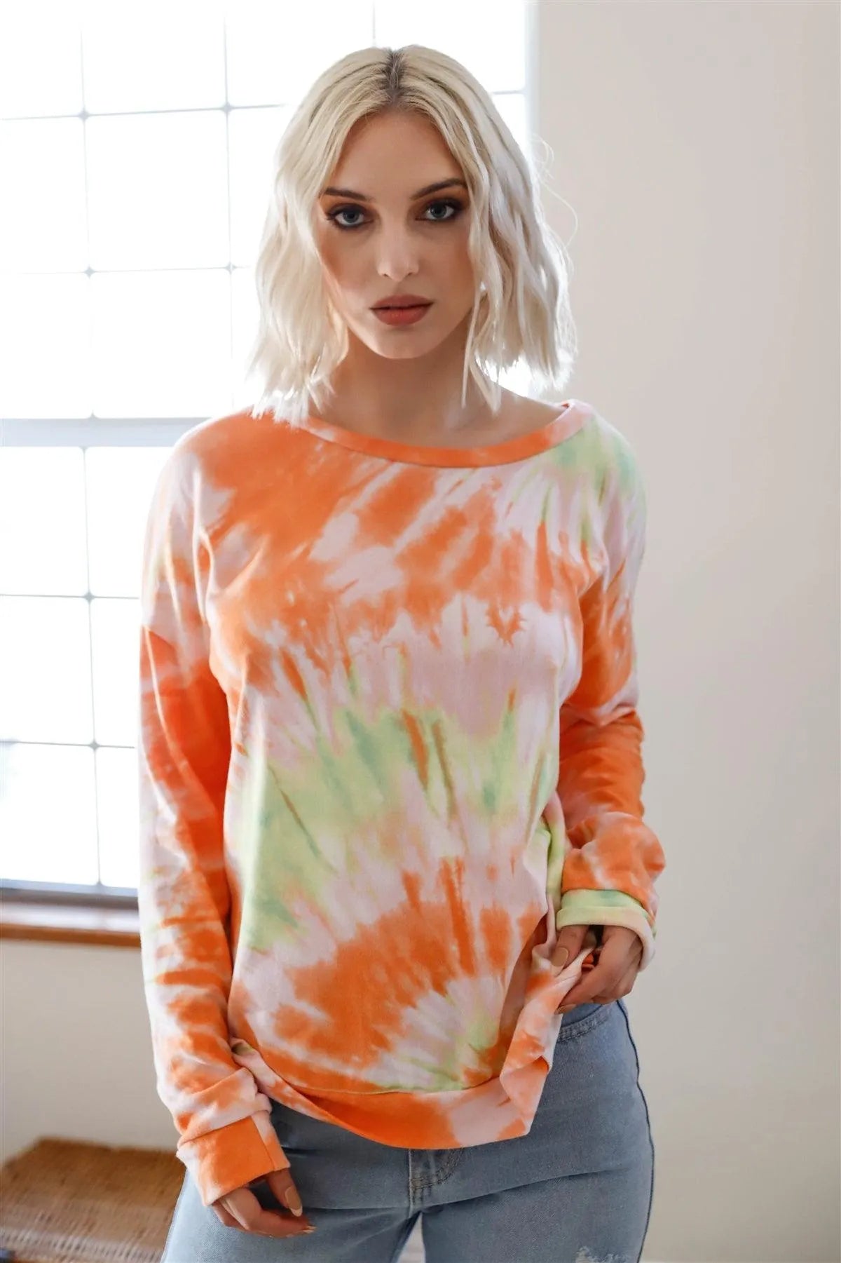 Orange Spin Tie-Dye Long Sleeve Sweater /2-2-2 - Tasha Apparel Wholesale